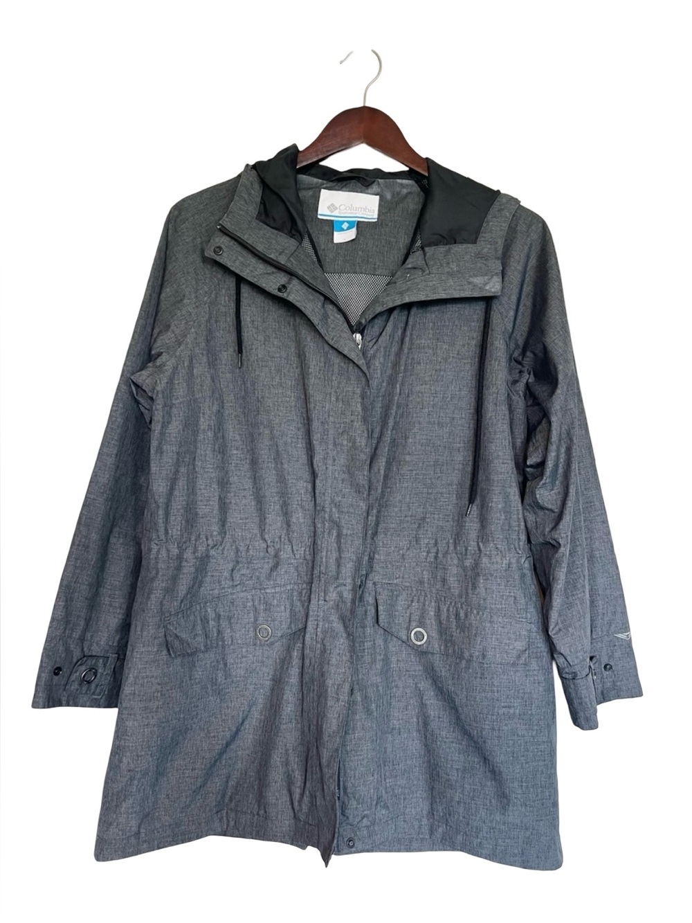 Columbia Women’s gray hooded jacket Size L Cinched waist Outdoors Durable Warm